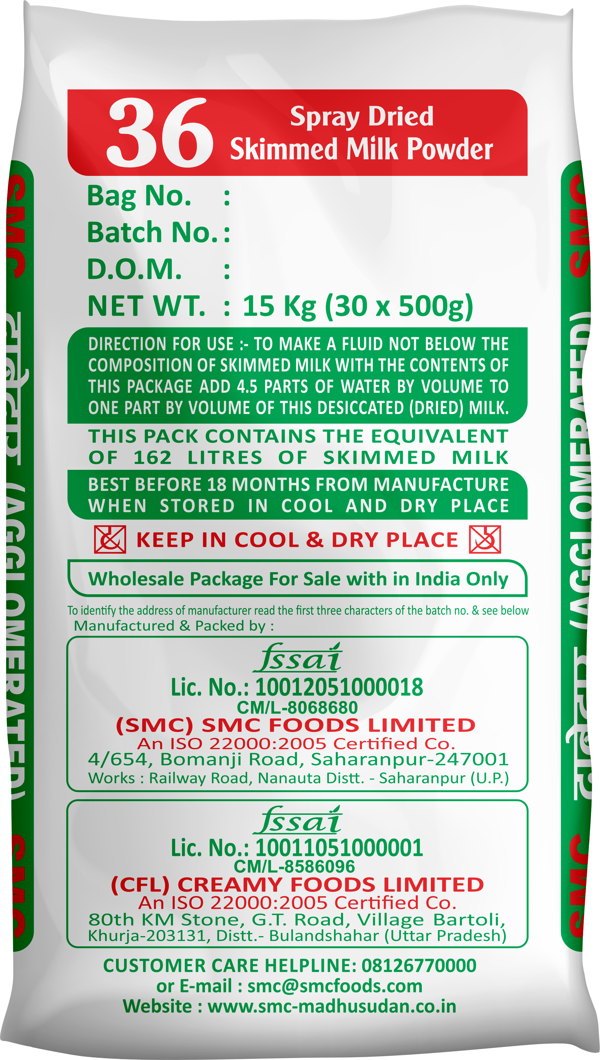 Madhusudan Skimmed Milk Powder 36 No Bag 15 Kg Pack